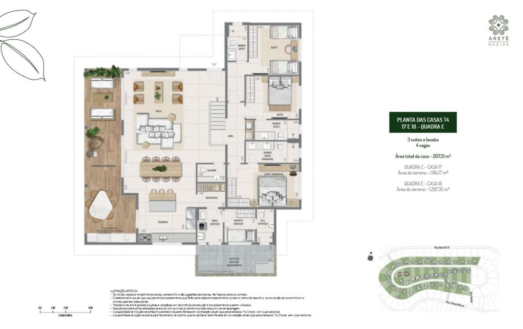 vista ybirá aretê búzios planta da casa T4 casa com 3 suítes linear